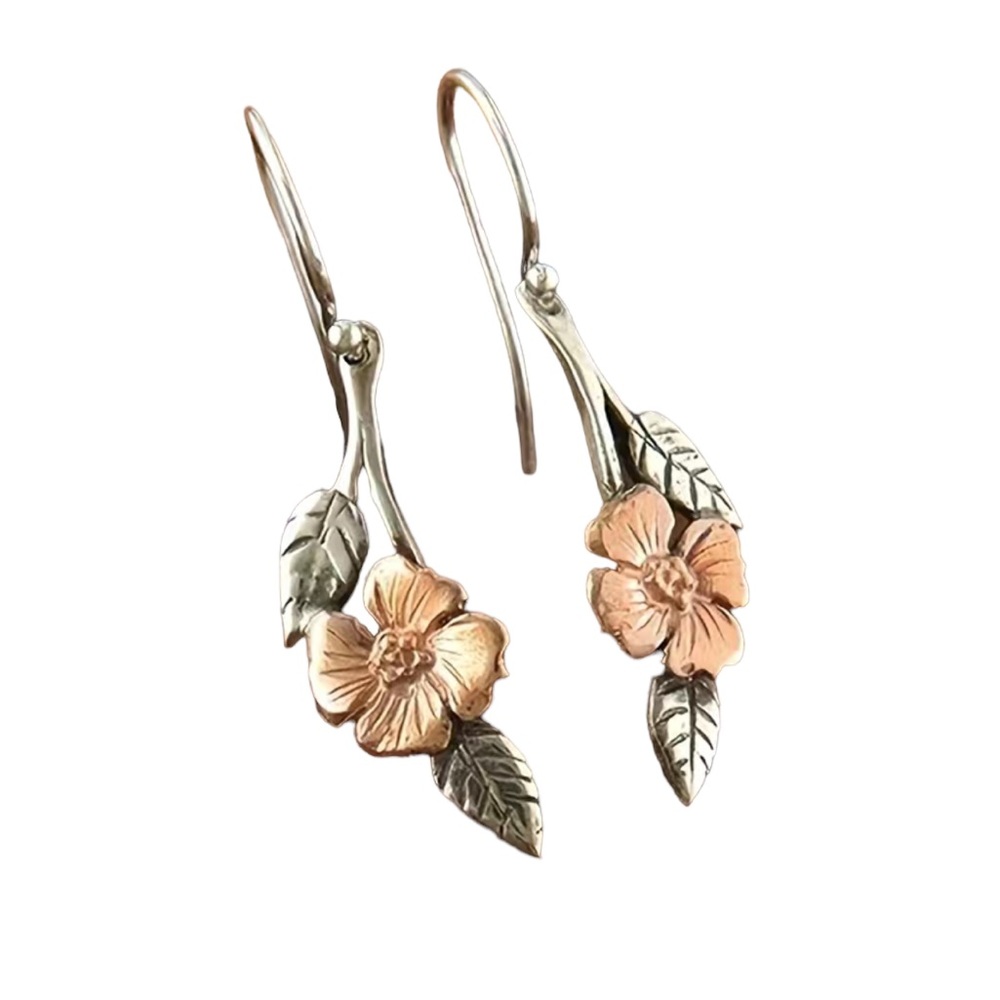 Vintage Silver and Rose Gold Flower Drop Earrings